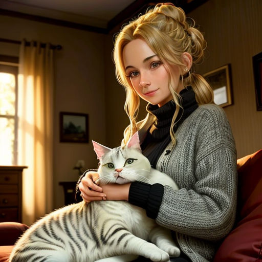 a woman sitting on a couch holding a cat in her arms and looking at the camera with a serious look on her face