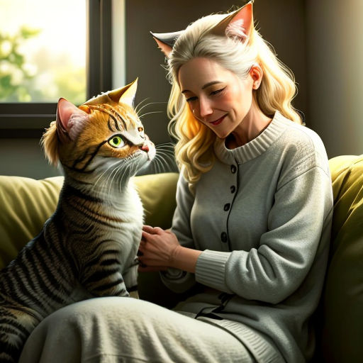 a woman sitting on a couch petting a cat with a green eyeshade and a cat with a white tail