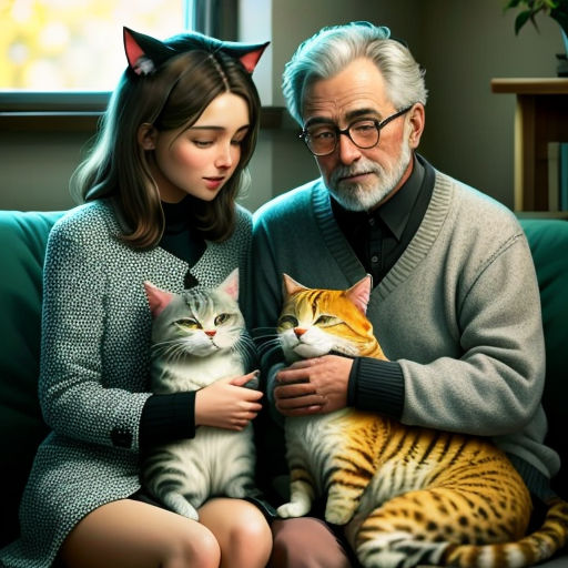 a man and a woman sitting on a couch with a cat in their lap and a cat in their lap