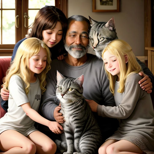a family sitting on a couch with a cat and two children and a cat on their lap, all looking at the camera