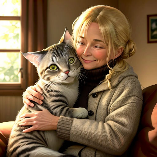 a woman holding a cat in her arms in a room with a window and a brown chair and a window