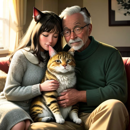 a man and a woman sitting on a couch with a cat in their lap and a cat on their lap