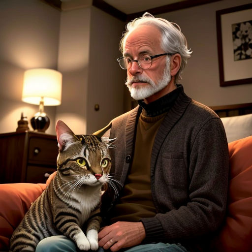a man sitting on a couch with a cat in his lap and a lamp on the side of the couch