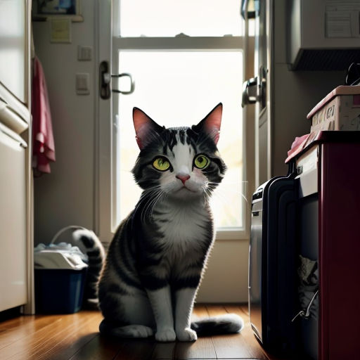 a cat sitting on the floor in front of a door with a window behind it and a suitcase in the background