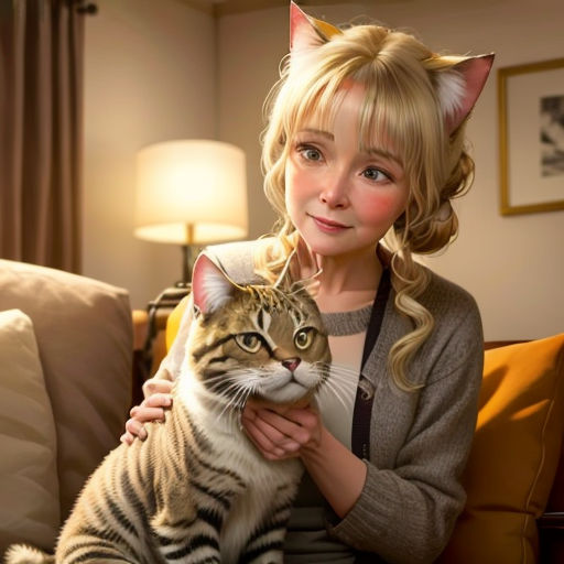 a woman holding a cat in her arms in a living room with a couch and lamp on the side