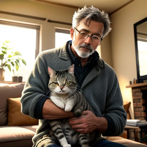 a man holding a cat in his arms in a living room with a fireplace and a couch in the background