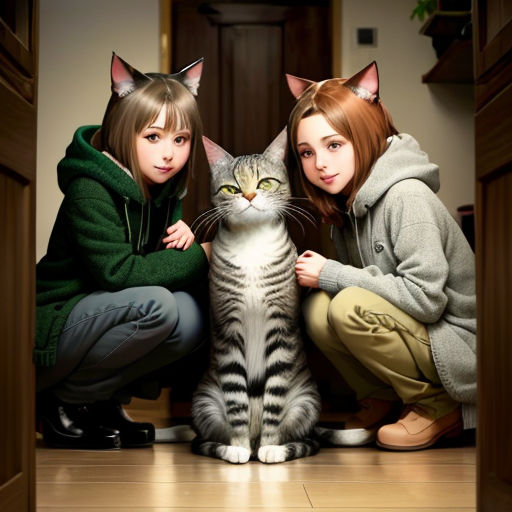 two girls are posing with a cat in a doorway of a house, one of them is looking at the camera