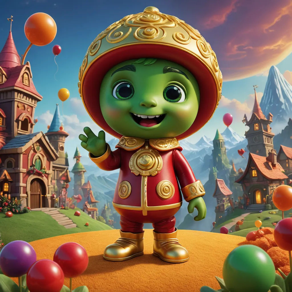 a cartoon character in a red outfit standing in front of a castle with balloons in the air and a castle in the background, fantasy art, concept art, Chris LaBrooy, promotional image