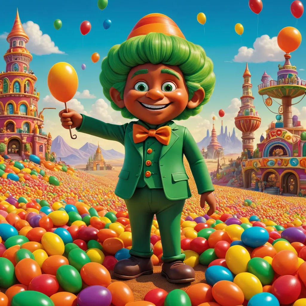 a cartoon character holding a balloon in a field of balloons with a castle in the background and a sky filled with clouds, maximalism, a character portrait, Chris LaBrooy, promotional image