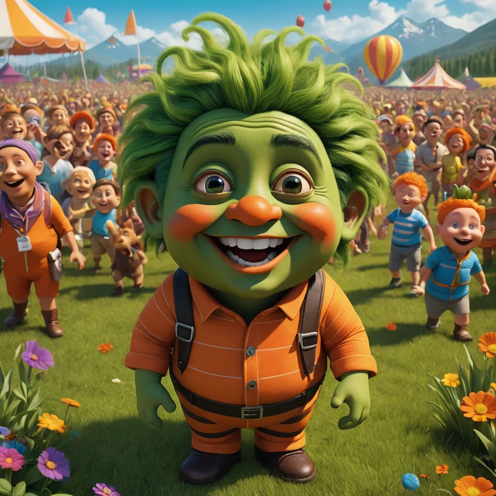 a cartoon character with green hair and a crowd of people in the background, with a sky background and a sky filled with balloons, les nabis, a 3D render, Chris LaBrooy, promotional image