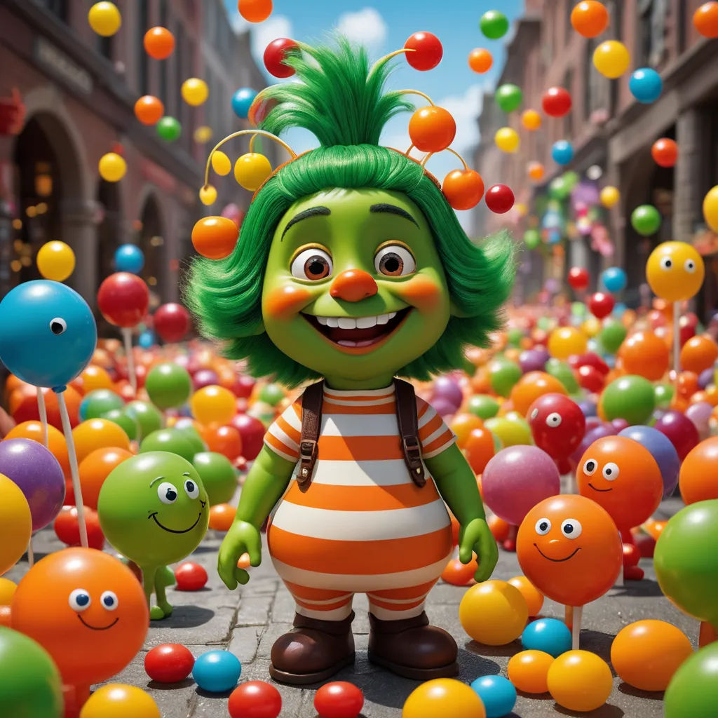 a cartoon character surrounded by balloons and other objects in a street scene with a green haired girl in a striped dress, kitsch movement, a 3D render, Chris LaBrooy, promotional image