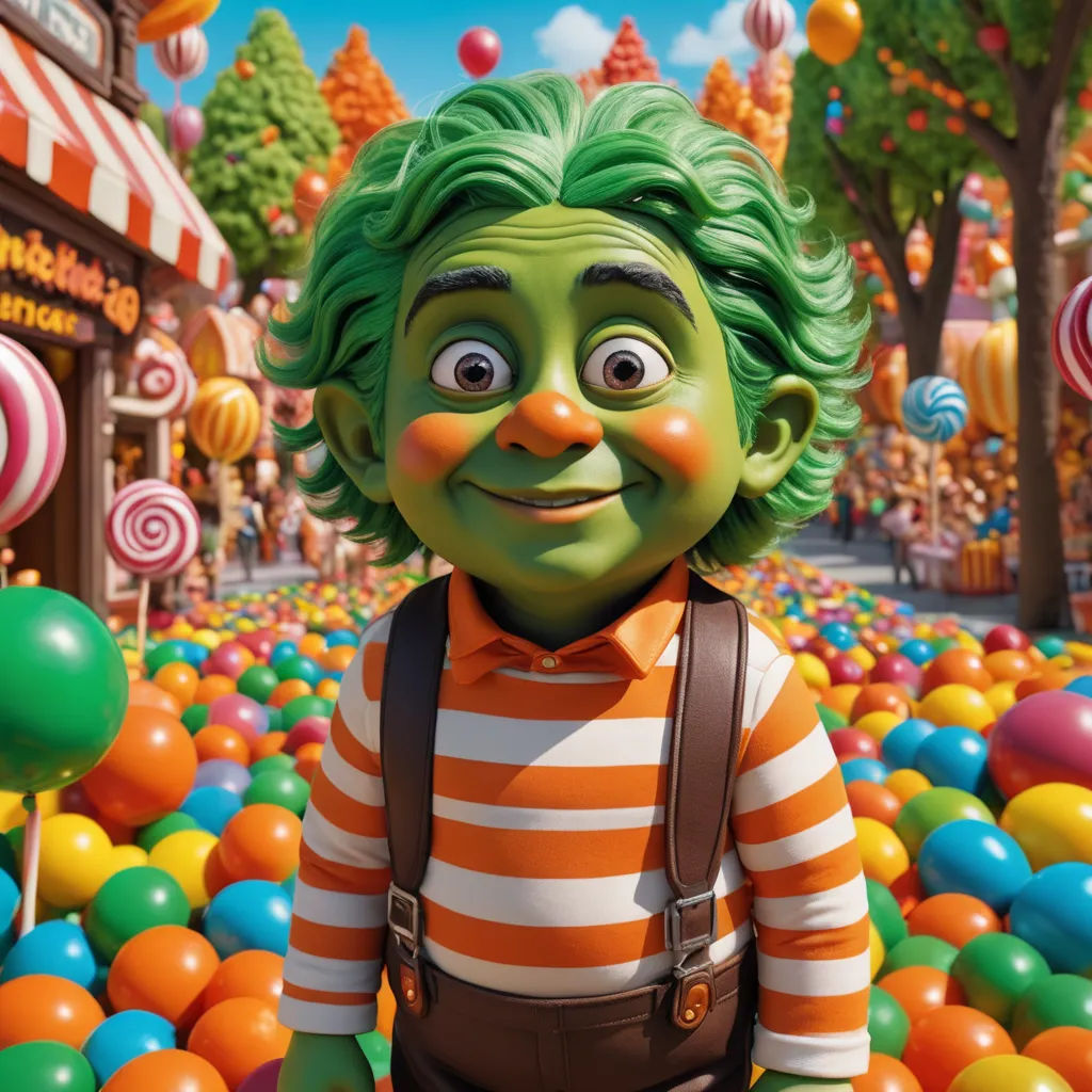 a cartoon character is standing in a field of candy land balls and candy canes, with a green hair and green eyes, photorealism, a detailed matte painting, Chris LaBrooy, promotional image