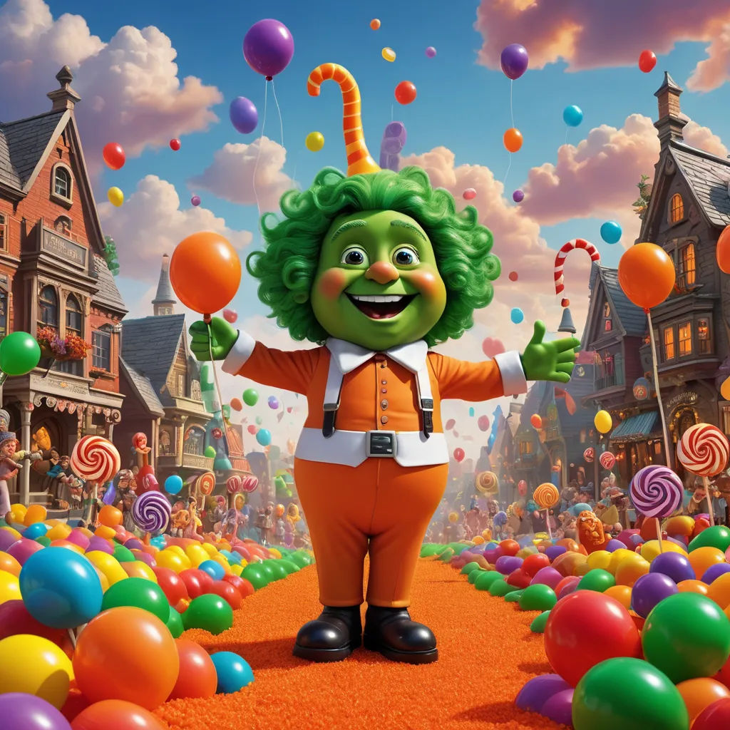 a cartoon character is surrounded by balloons and candy canes in a scene from the movie the muppet show, color field, a character portrait, Chris LaBrooy, promotional image