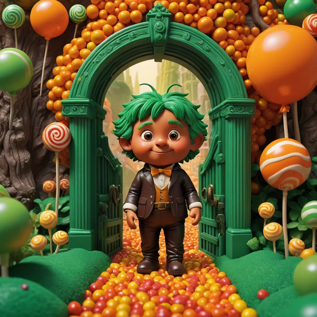 a cartoon character standing in front of a green archway with candy balls and lollipops all around, fantasy art, a 3D render, Chris LaBrooy, promotional image