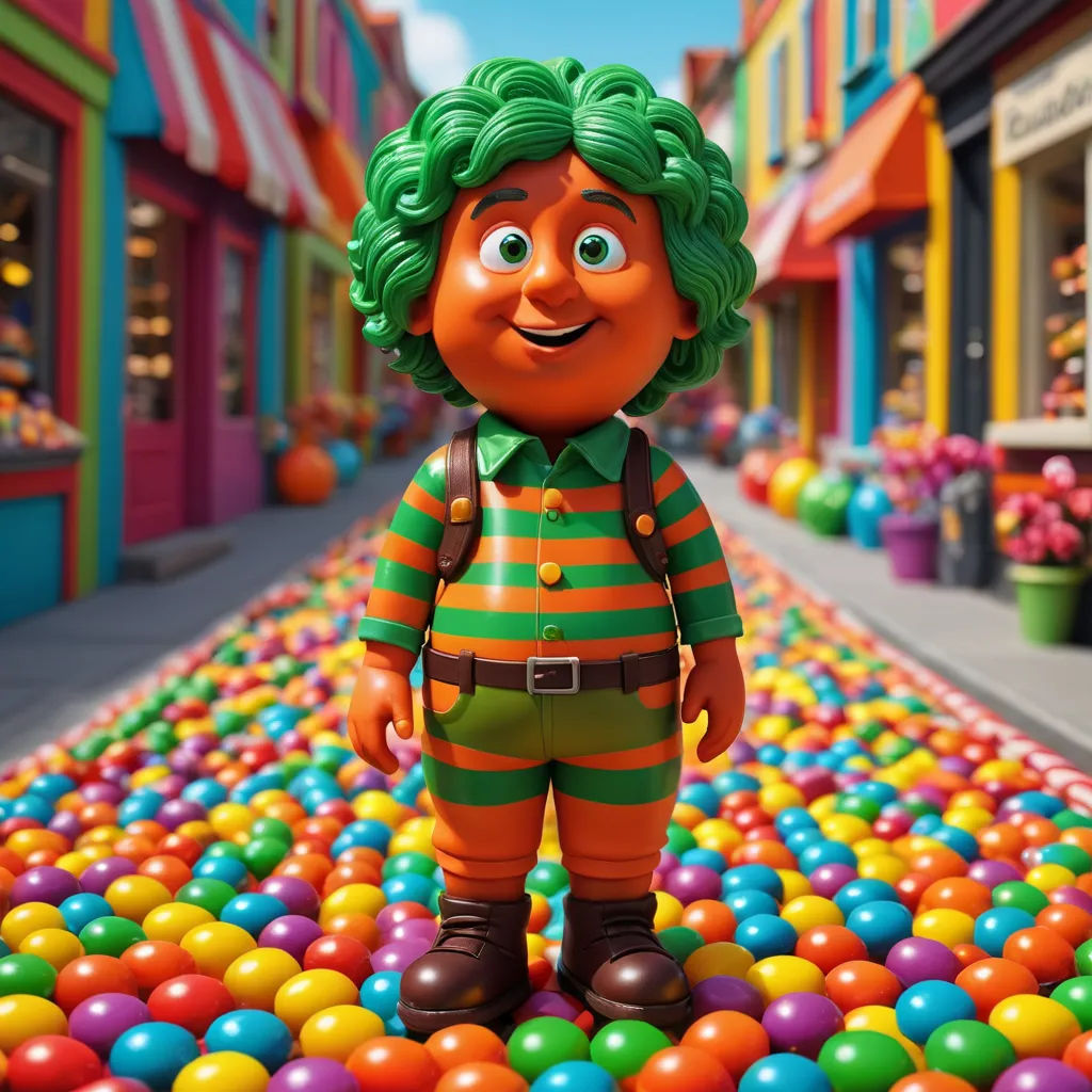 a cartoon character standing in a ball pit in a street with buildings and shops in the background and a street lined with brightly colored balls, color field, a character portrait, Chris LaBrooy, promotional image