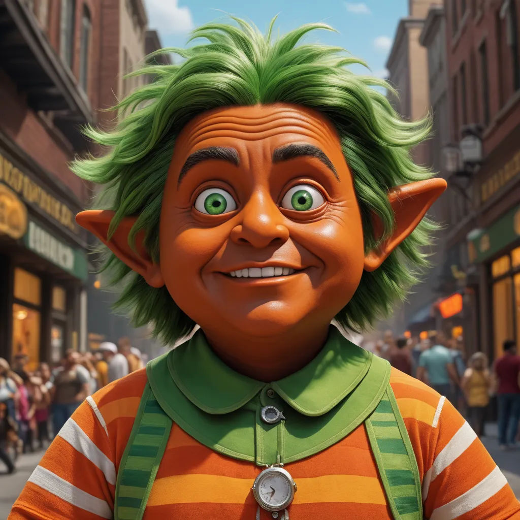 a cartoon character with green hair and a striped shirt on a street corner with people walking by and a crowd of people, photorealism, a 3D render, Eddie Mendoza, unreal engine 5 quality render