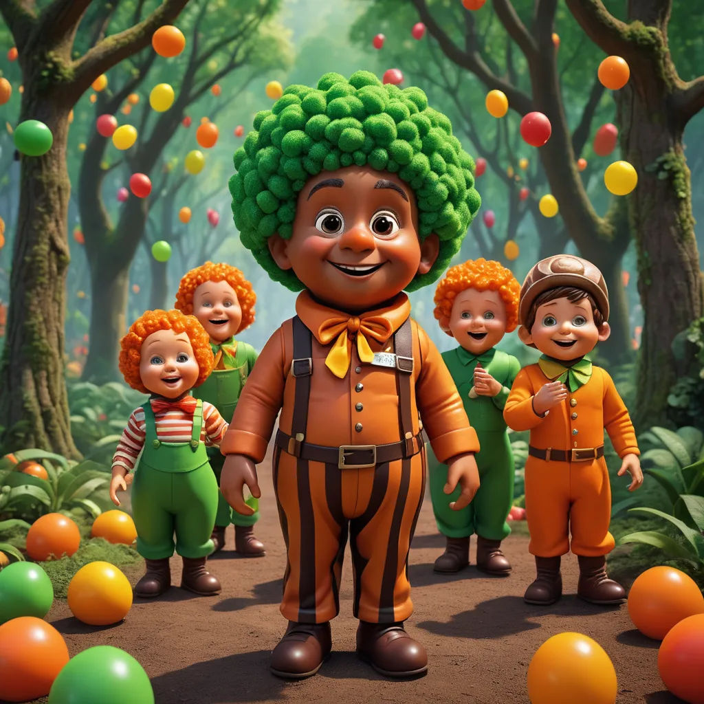 a group of people in a forest with balloons in the air and a man in a green wig and a woman in a red dress, les nabis, concept art, Chris LaBrooy, promotional image