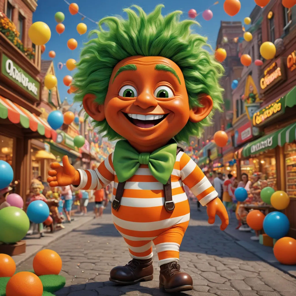 a cartoon character is walking down a street with balloons in the air and a crowd of people in the background, photorealism, a 3D render, Clovis Trouille, promotional image