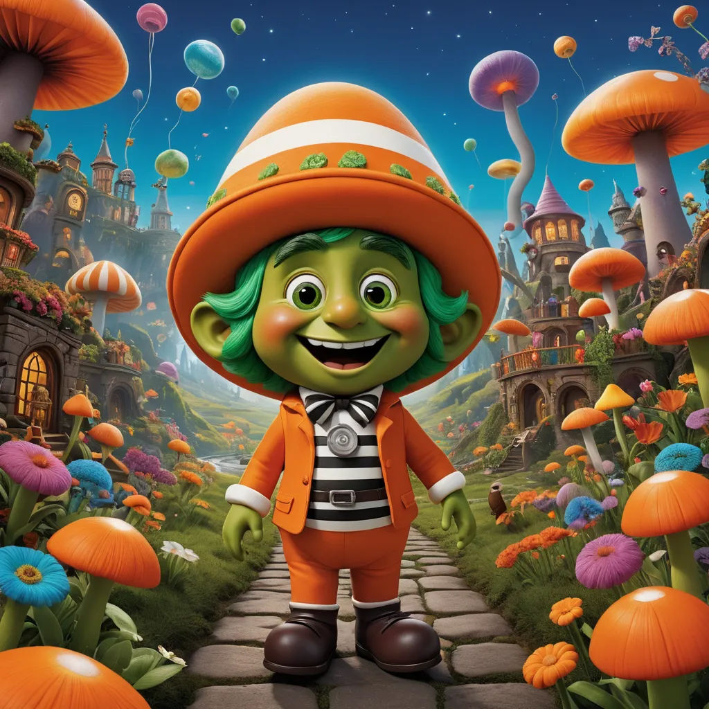 a cartoon character in a garden with mushrooms and flowers in the background, with a green hat and orange outfit, pop surrealism, a character portrait, Cliff Childs, promotional image