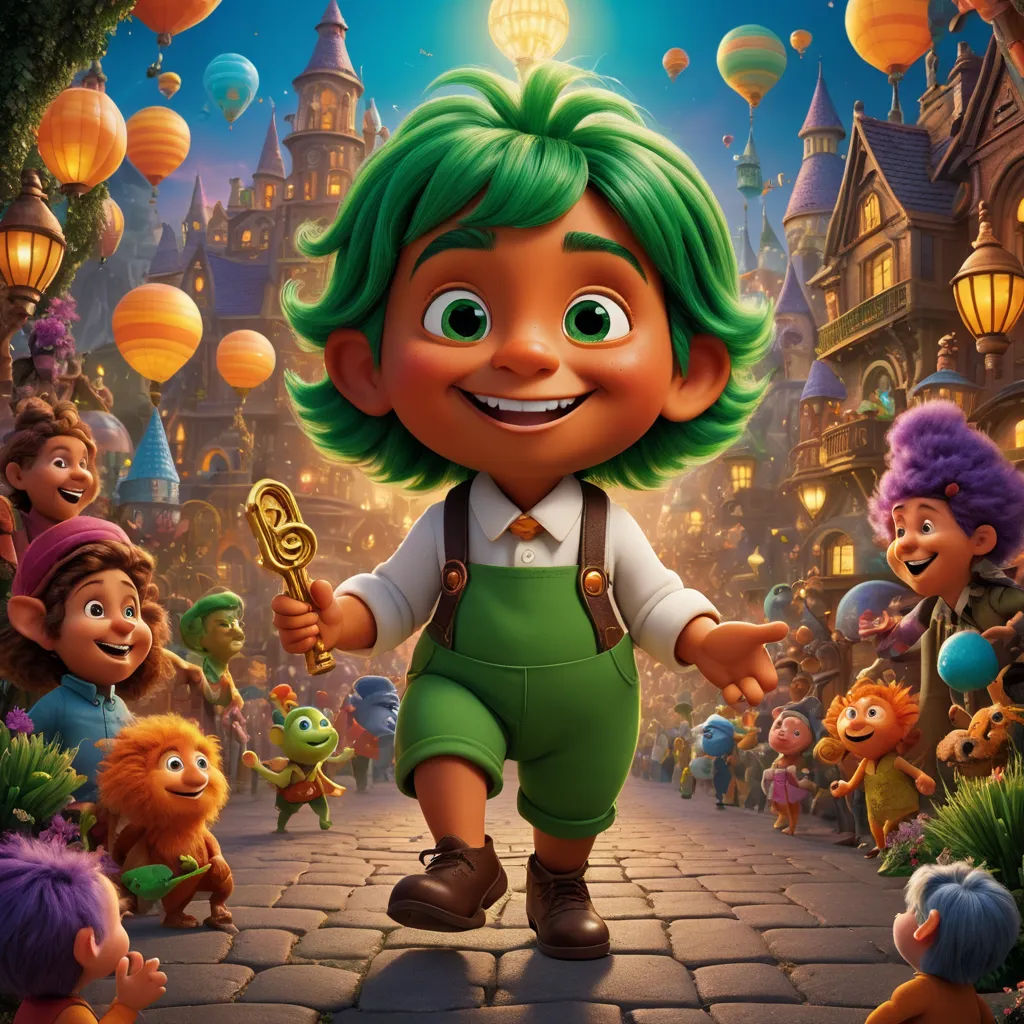 a cartoon character is walking through a town with many other characters in the background and a light bulb above his head, sots art, a poster, Cliff Childs, key art