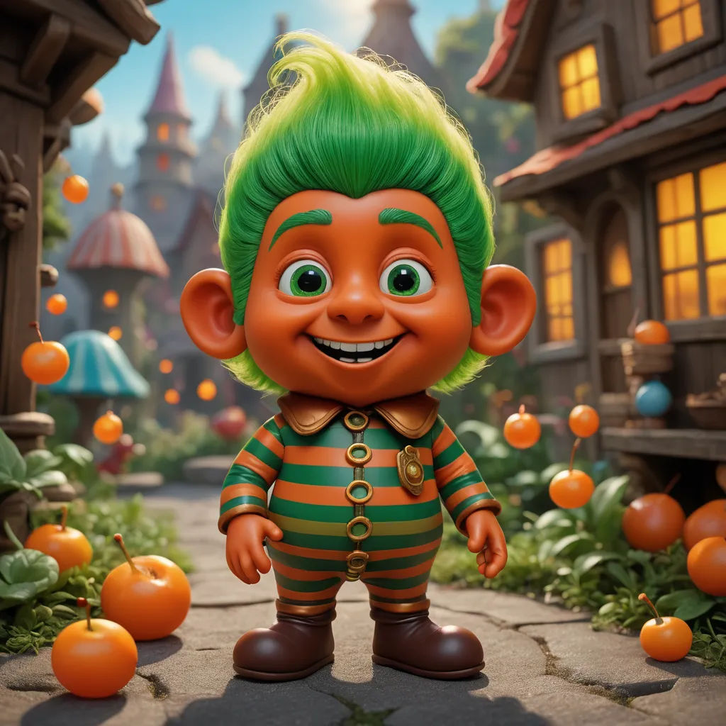 a cartoon character with green hair and green hair standing in front of a house with oranges around it, antipodeans, a 3D render, Chris LaBrooy, unreal engine 5 quality render