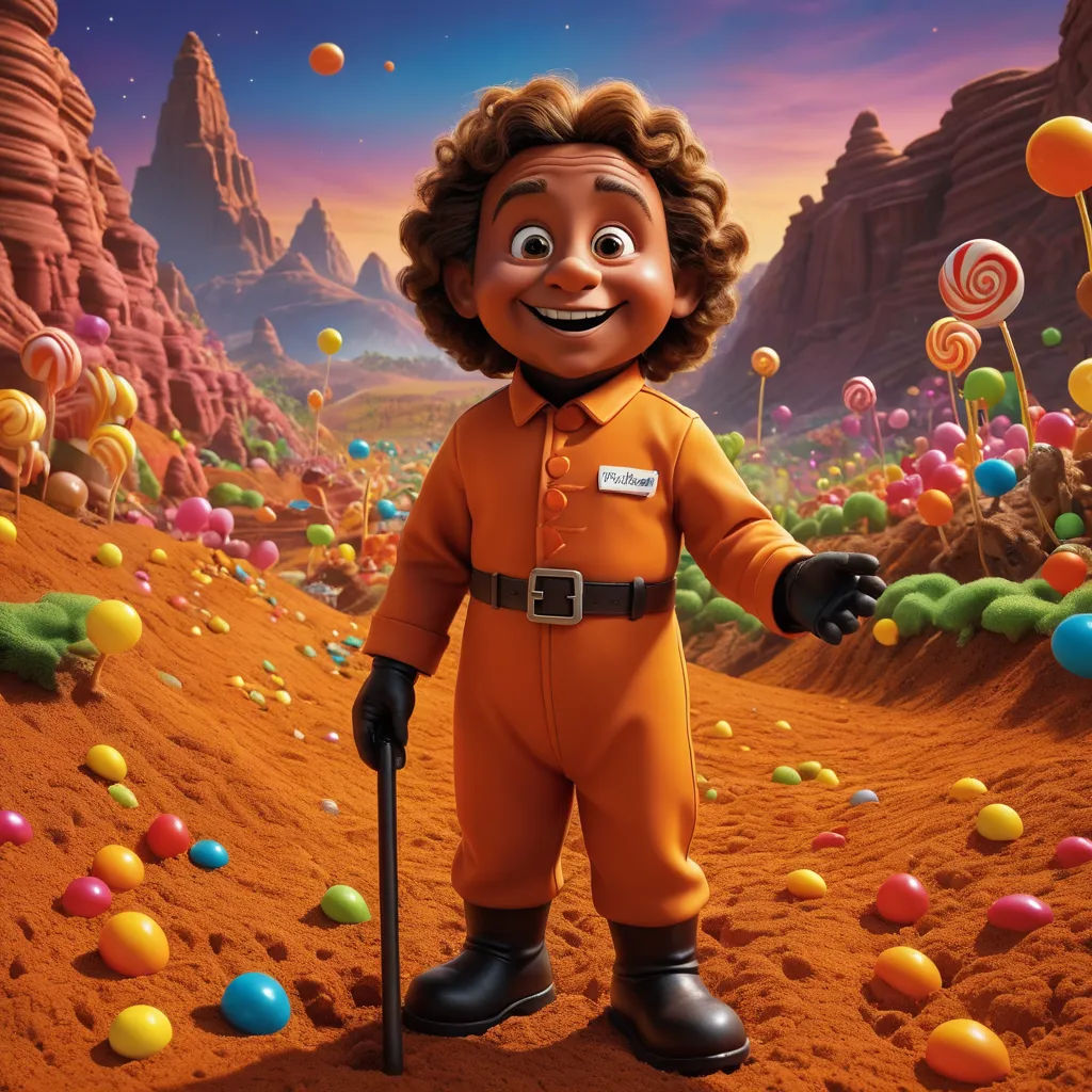 a cartoon character in a field of candy land with a cane in his hand and a mountain of candy, maximalism, poster art, Chris LaBrooy, promotional image