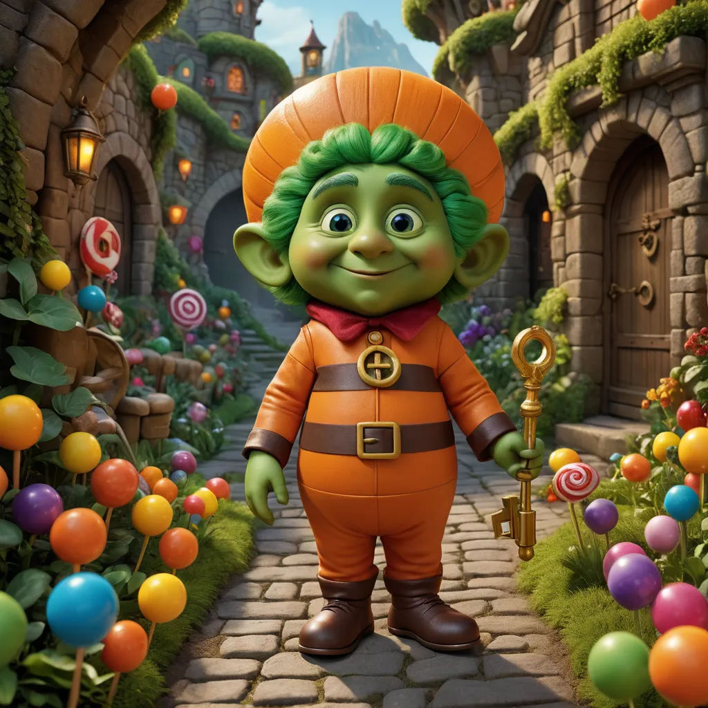 a cartoon character is standing in a garden with candy balls and a key in his hand and a castle in the background, fantasy art, a 3D render, Chris LaBrooy, unreal engine 5 quality render