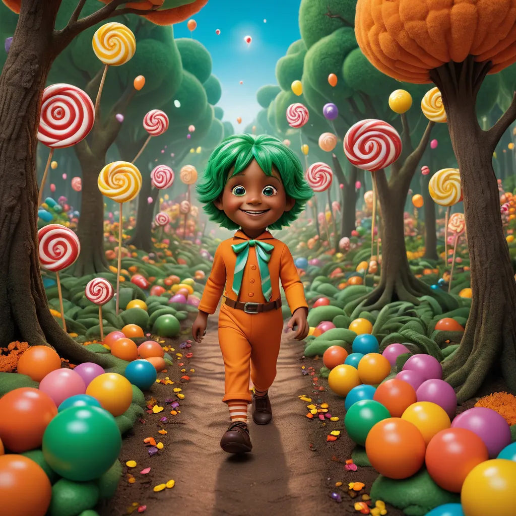 a cartoon character walking through a forest with lots of candy canes and lollipops on the ground, pop surrealism, a detailed matte painting, Chris LaBrooy, promotional image
