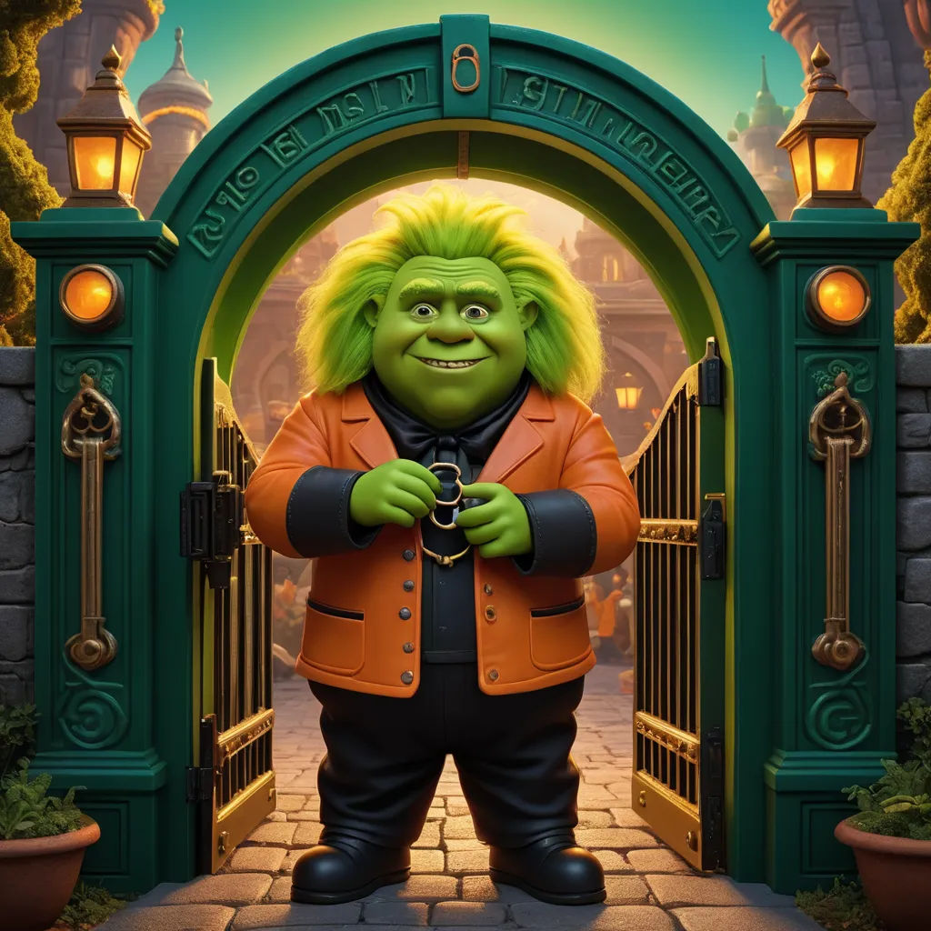 a cartoon character is standing in front of a gate with a green door and a green coat on it, rayonism, poster art, Chris LaBrooy, key art