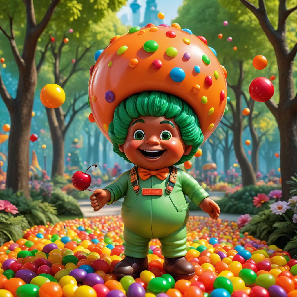 a cartoon character with a green wig and green hair standing in a field of balls and trees with a giant donut on his head, maximalism, a character portrait, Chris LaBrooy, promotional image