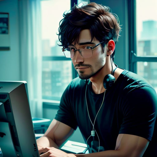 a man with headphones on sitting in front of a computer monitor and looking at the screen with a serious look on his face