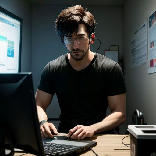a man sitting at a desk with a laptop computer in front of him and a monitor on the wall