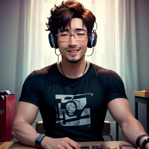 a man wearing headphones sitting at a desk with a computer and a remote control in front of him