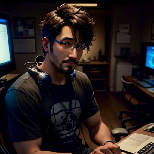 a man sitting at a desk with a laptop and a keyboard in front of him and a monitor on the wall