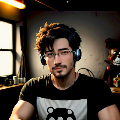a man wearing headphones and a t - shirt with a bear on it sitting in front of a window