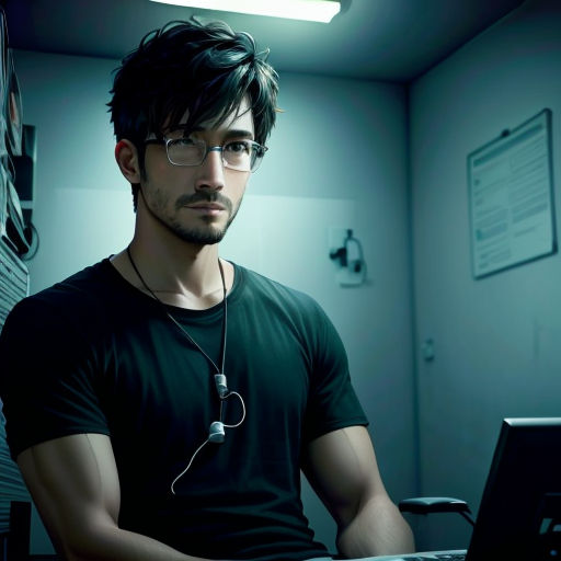 a man sitting in front of a laptop computer in a room with a light on the ceiling and a computer monitor on the wall