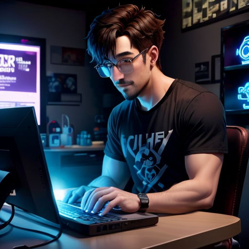 a man sitting at a desk using a laptop computer in a dark room with neon lights on the walls