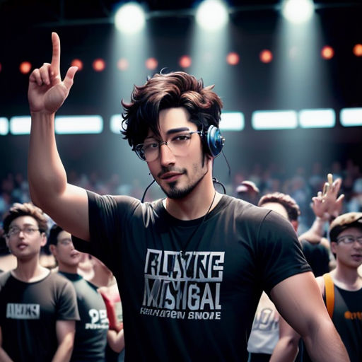 a man with headphones on in front of a crowd of people wearing headphones and pointing to the side