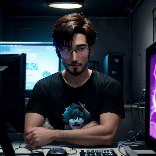 a man sitting at a desk with a computer and a mouse in front of him and a purple light behind him