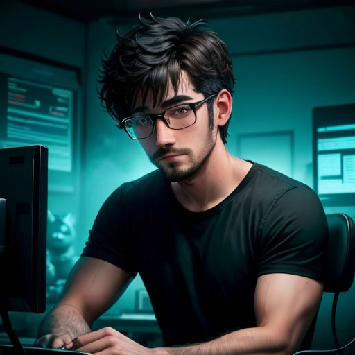 a man with glasses sitting at a computer desk in front of a monitor and keyboard in a dark room