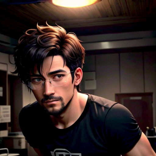 a man with glasses and a beard in a room with a light on the ceiling and a ceiling fan