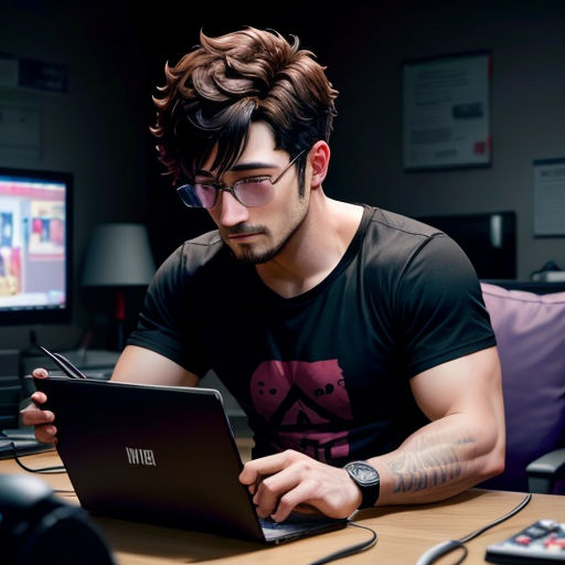 a man sitting at a desk using a laptop computer with a monitor on the wall behind him and a remote control in front of him