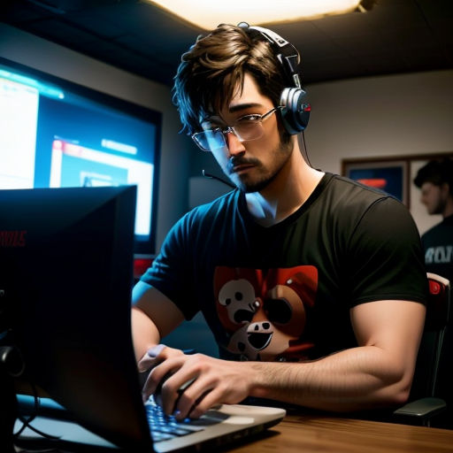 a man wearing headphones is using a laptop computer in a dark room with a monitor and a keyboard