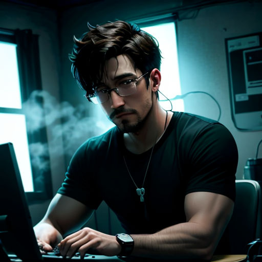 a man sitting at a desk with a laptop computer in front of him and a smoke stack in the background