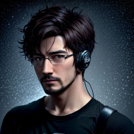 a man with headphones and a black shirt is looking at a cell phone and has a black shirt