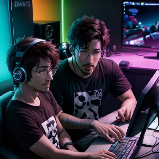 two men sitting in front of a computer monitor with headphones on their ears and a laptop on their lap