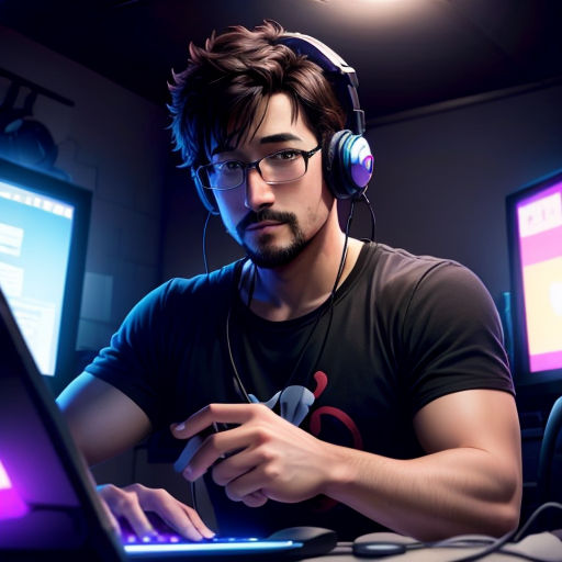a man wearing headphones and using a laptop computer in a dark room with two monitors behind him and a microphone