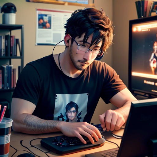 a man sitting at a desk with a computer and a keyboard and mouse in front of him, with a computer monitor and a keyboard on the desk