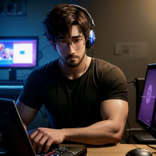 a man sitting at a desk with a laptop and headphones on his head, with a computer monitor in the background