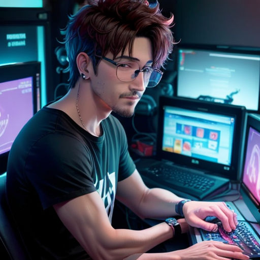 a man sitting at a desk with a laptop and a monitor on it, with multiple monitors behind him